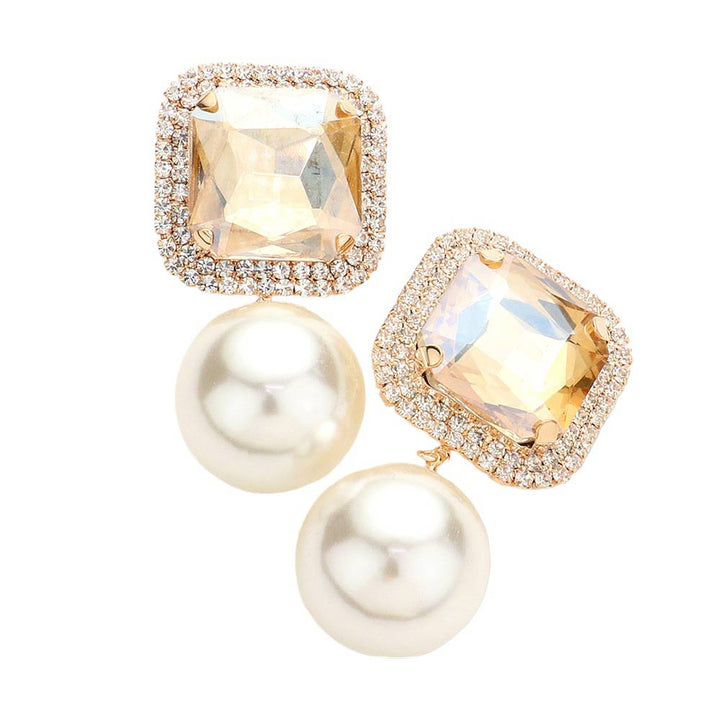 Square Stone Pearl Link Dangle Evening Clip on Earrings by Madeline Love