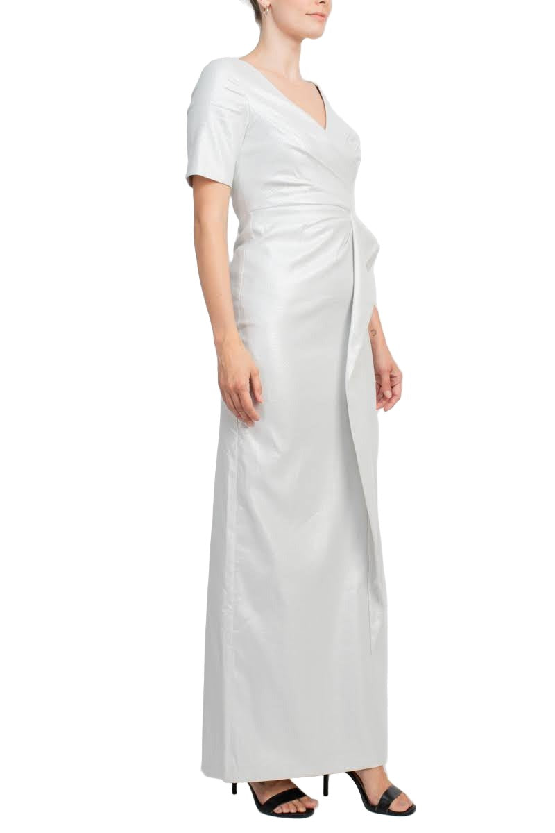 Aidan by Aidan Mattox V-Neck Pleated Zipper Back Short Sleeve Slit Back Taffeta Dress (Sizes 4 & 6)