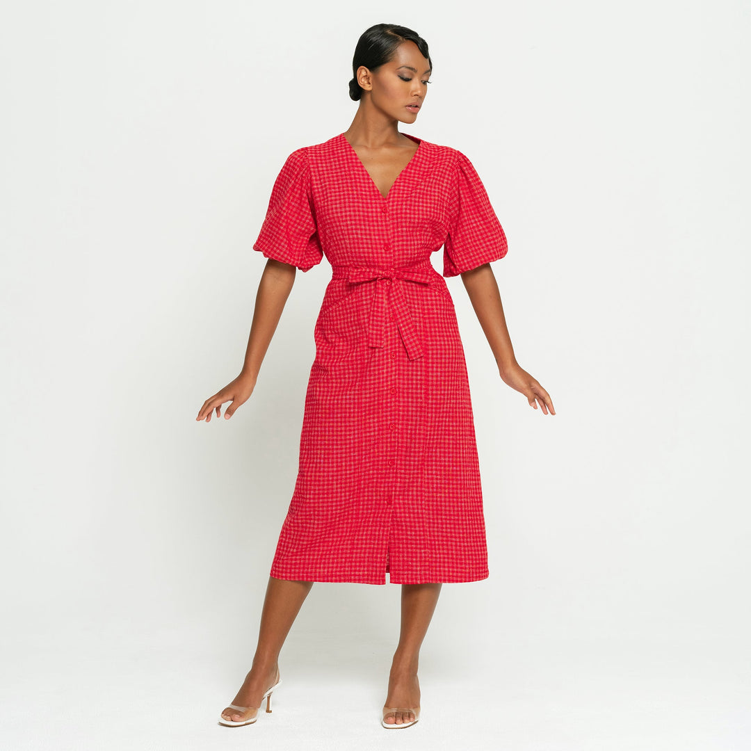 MEGHAN Gingham Hemp Midi Dress In Scarlet Red