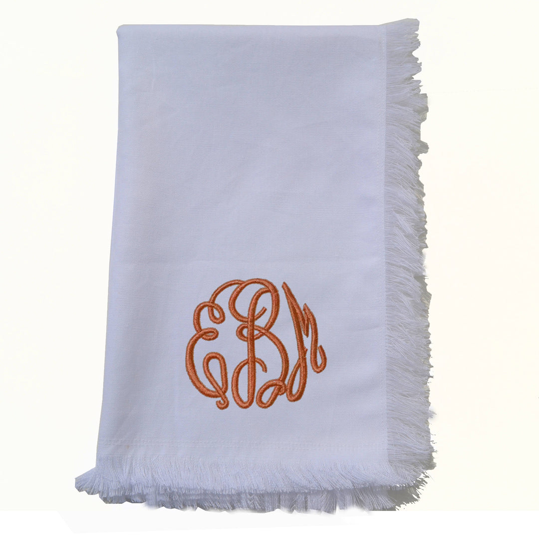 White Cotton Monogrammed Tea Towel With Fringes, Personalized Embroidered Dish Towel by Amore Beauté