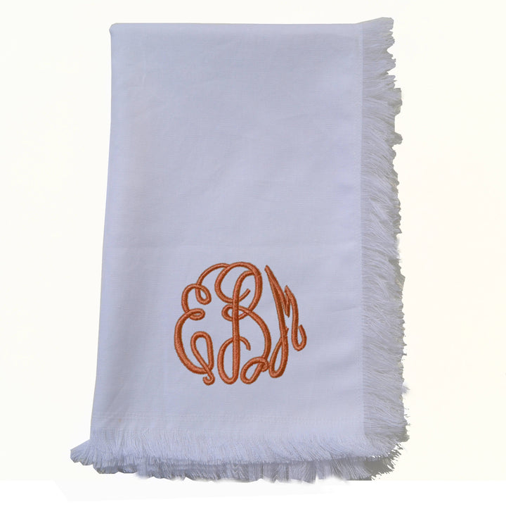 White Cotton Monogrammed Tea Towel With Fringes, Personalized Embroidered Dish Towel by Amore Beauté