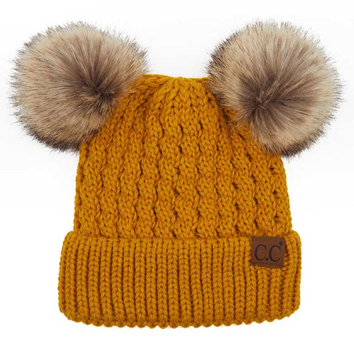 C.C Double Pom Pom All Over Cable Knit Beanie Hat by Madeline Love