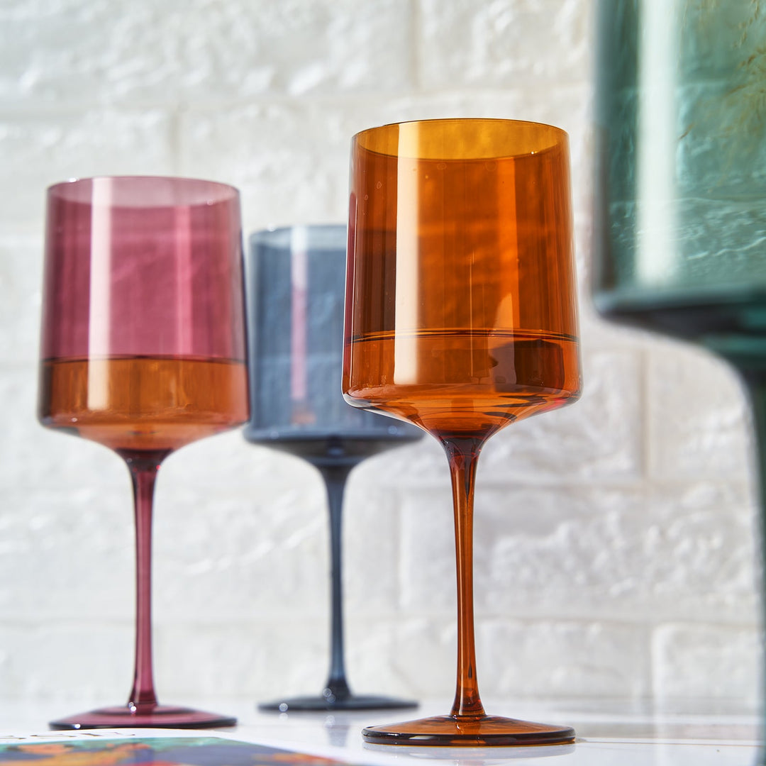 Muted Colored Square Crystal Wine Glasses Set of 4 - Large 13.5 oz
