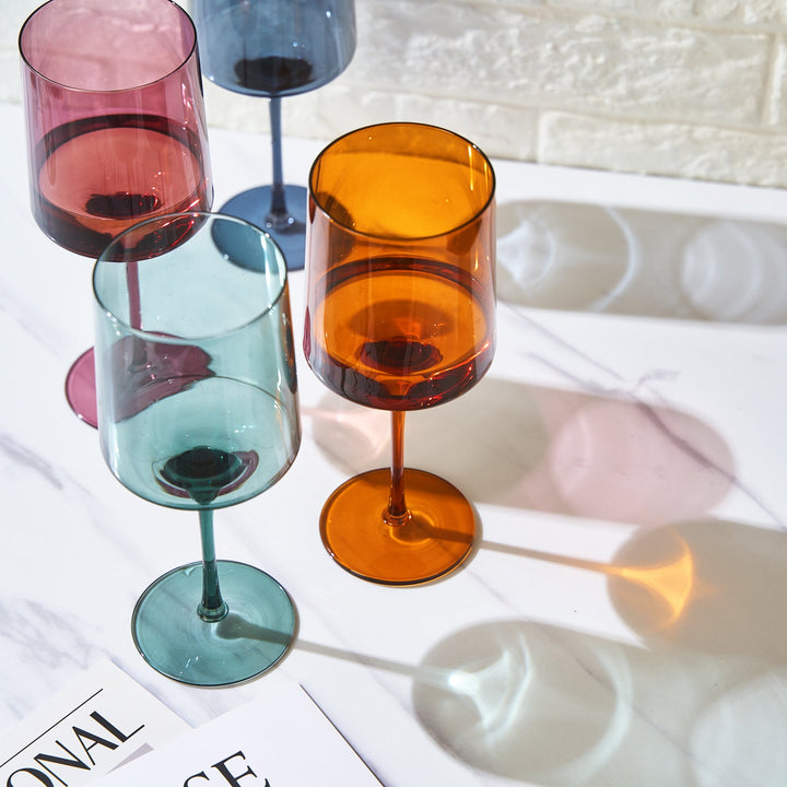 Muted Colored Square Crystal Wine Glasses Set of 4 - Large 13.5 oz