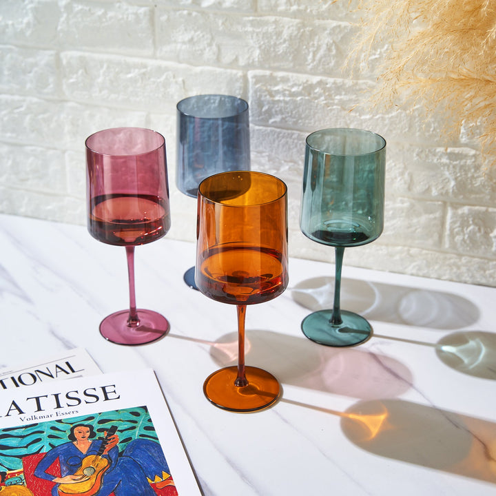 Muted Colored Square Crystal Wine Glasses Set of 4 - Large 13.5 oz