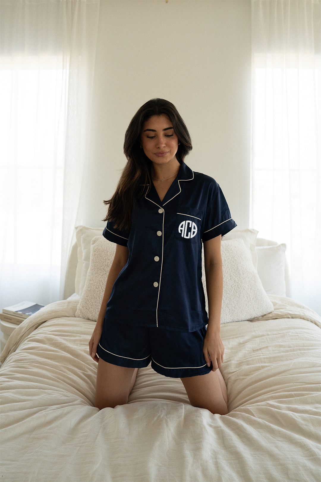 Navy Satin Pajamas Shorts Set by Spikes and Seams