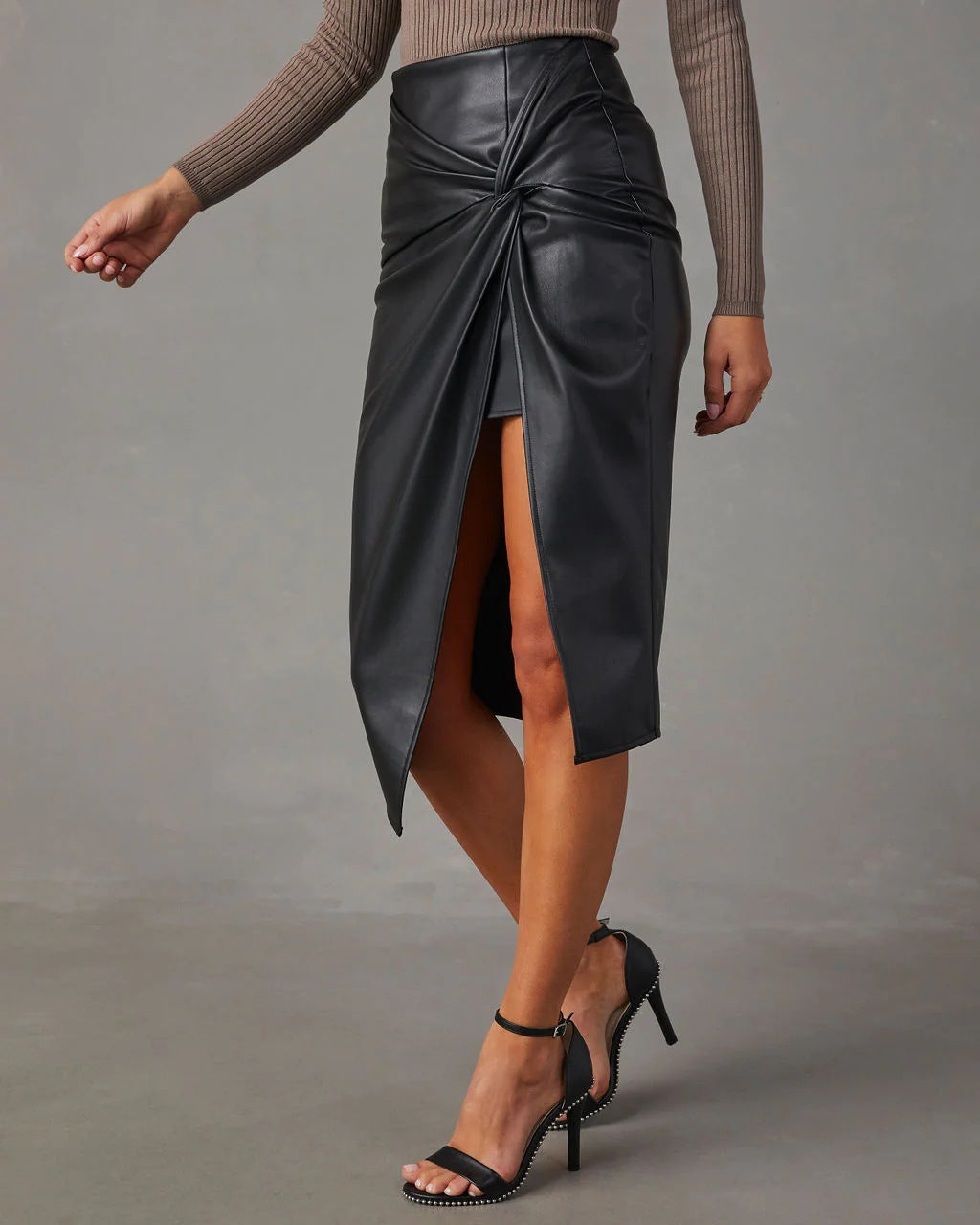 Faux Leather Pencil Skirt Knot Twist with Slit by Coco Charli