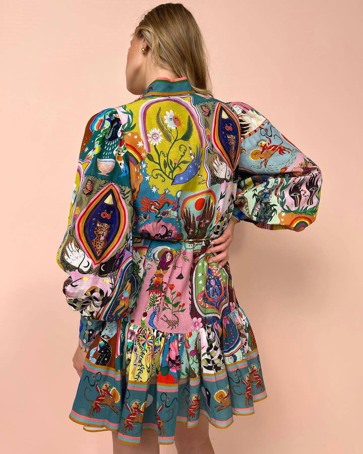 Autumn Winter Long Sleeve Printed Lace up Pleated Dress by BlakWardrob