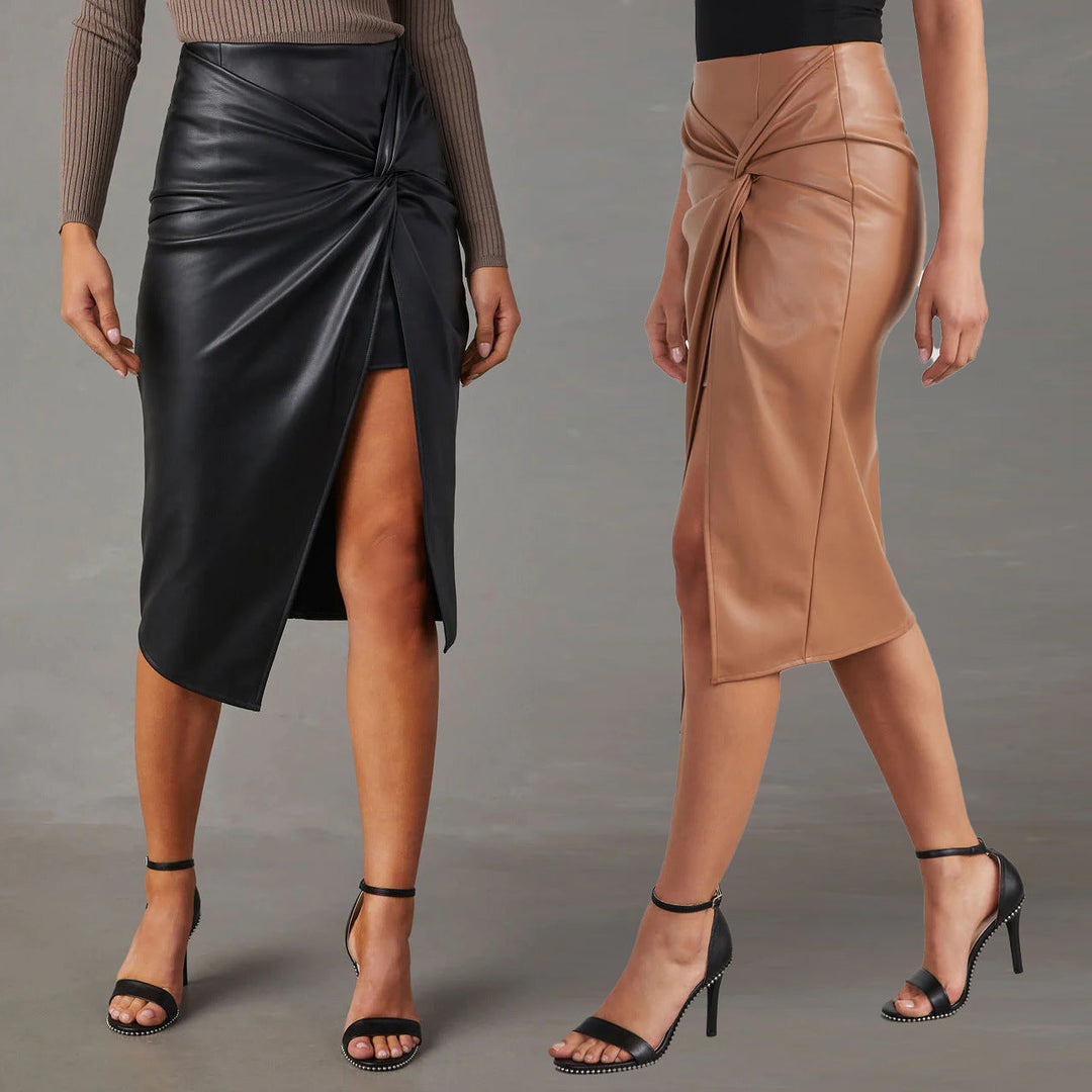 Faux Leather Pencil Skirt Knot Twist with Slit by Coco Charli