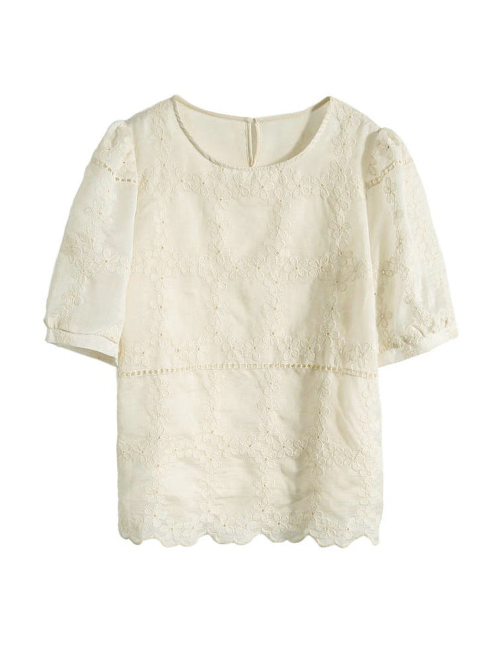 Chiffon Flower Lace Short-Sleeved Loose Hollow Design Top