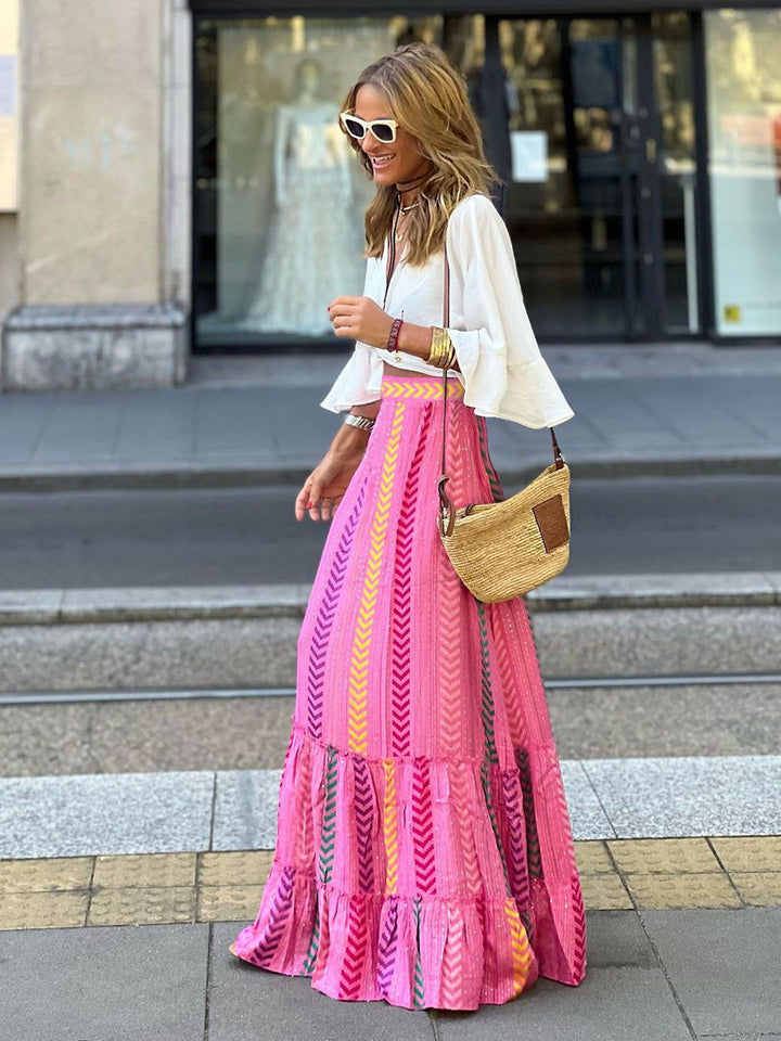 Boho Pink Patterned Tiered Maxi Cotton Skirt by Coco Charli