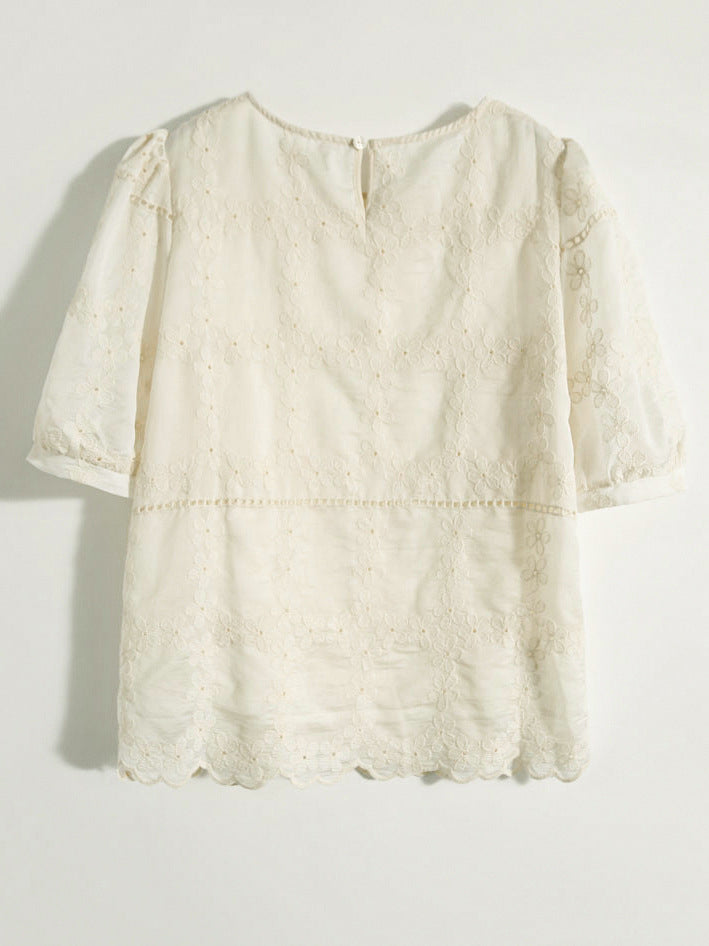 Chiffon Flower Lace Short-Sleeved Loose Hollow Design Top