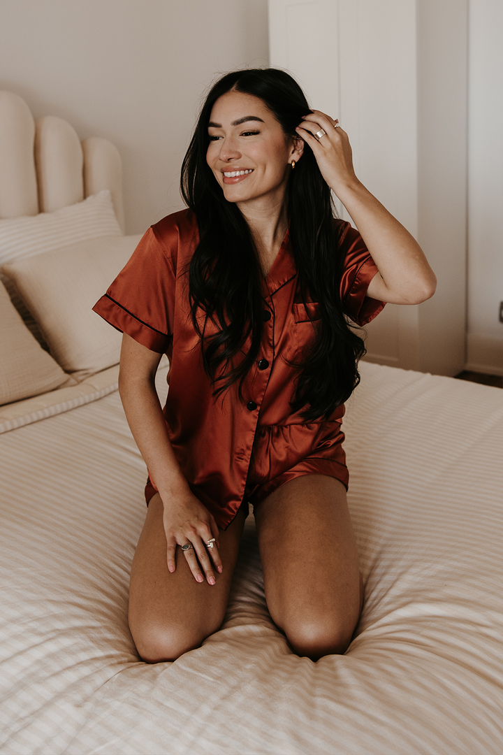 Burnt Orange Satin Pajamas Shorts Set by Spikes and Seams