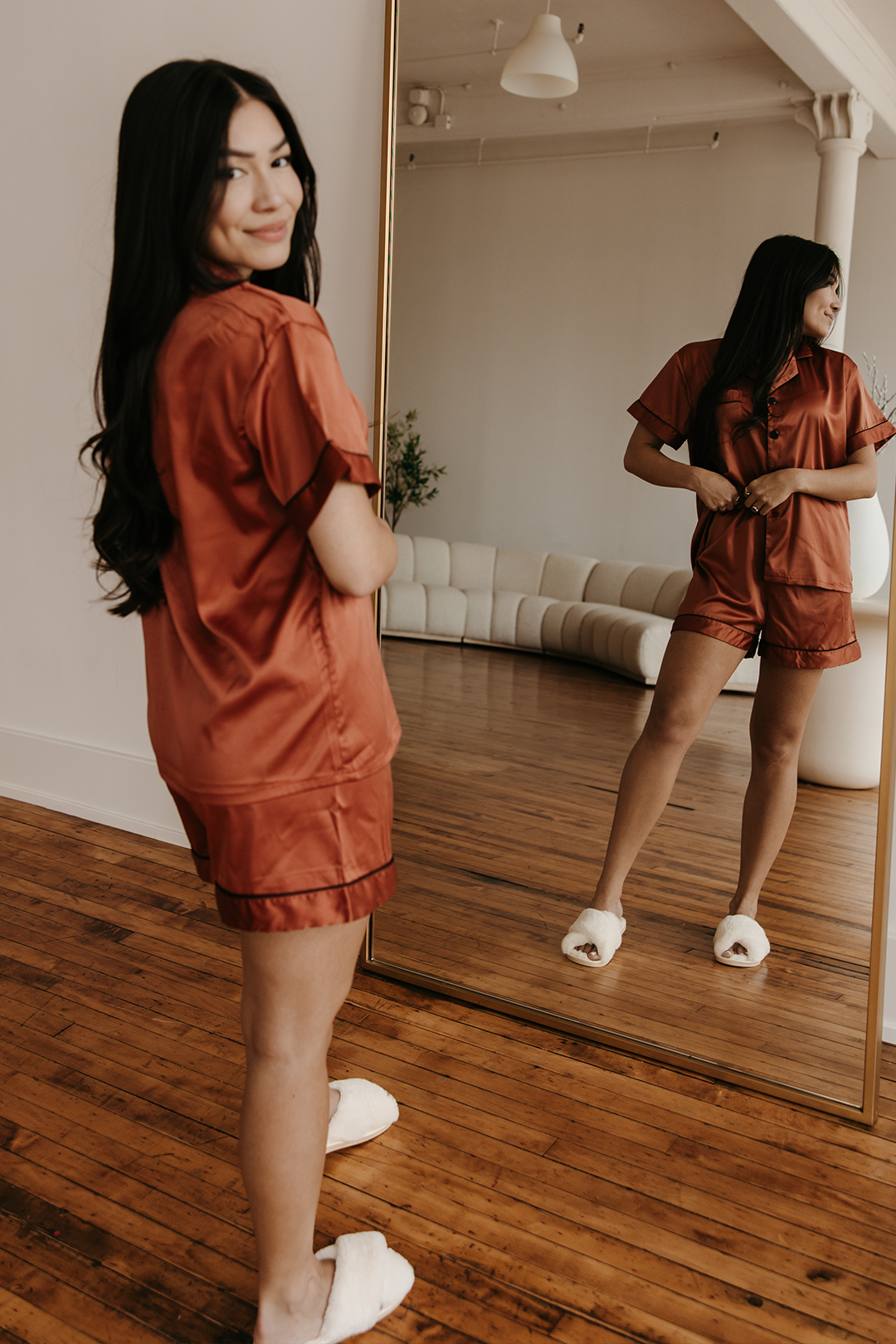 Burnt Orange Satin Pajamas Shorts Set by Spikes and Seams