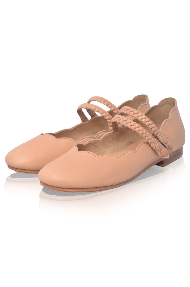 Pair of beige leather ballet flats with braided detail  and scallops