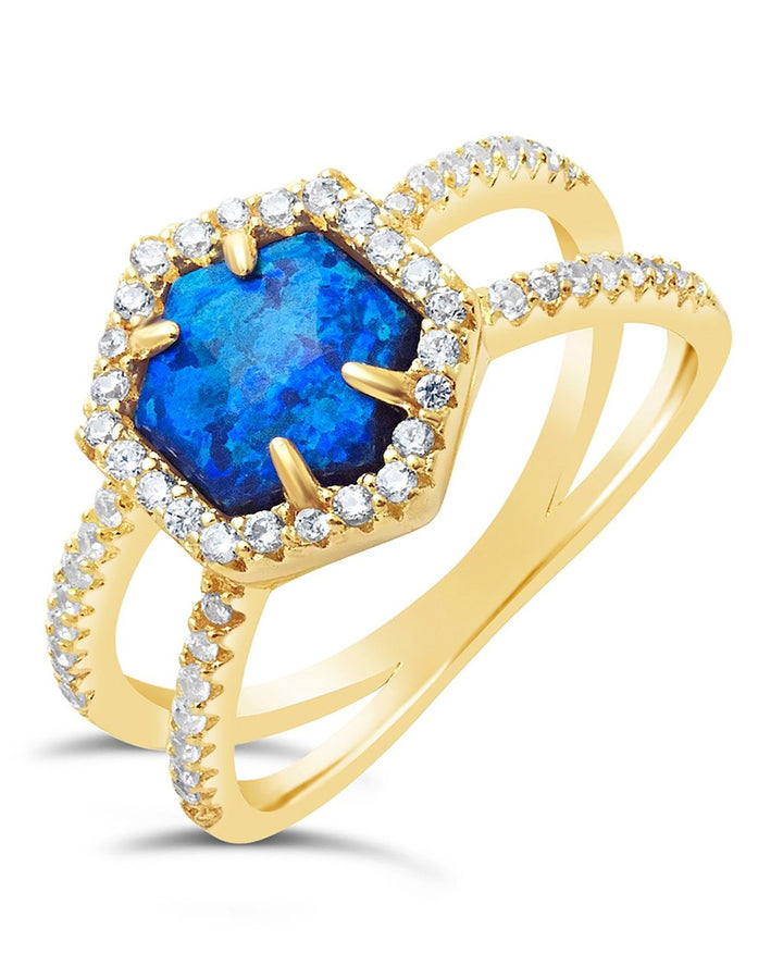 14K Gold Plated Sterling Silver Created Opal Gemstone Double Row Band Ring by Sterling Forever