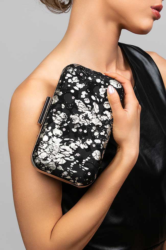 Phoenix Black and Silver Silk Brocade Clutch
