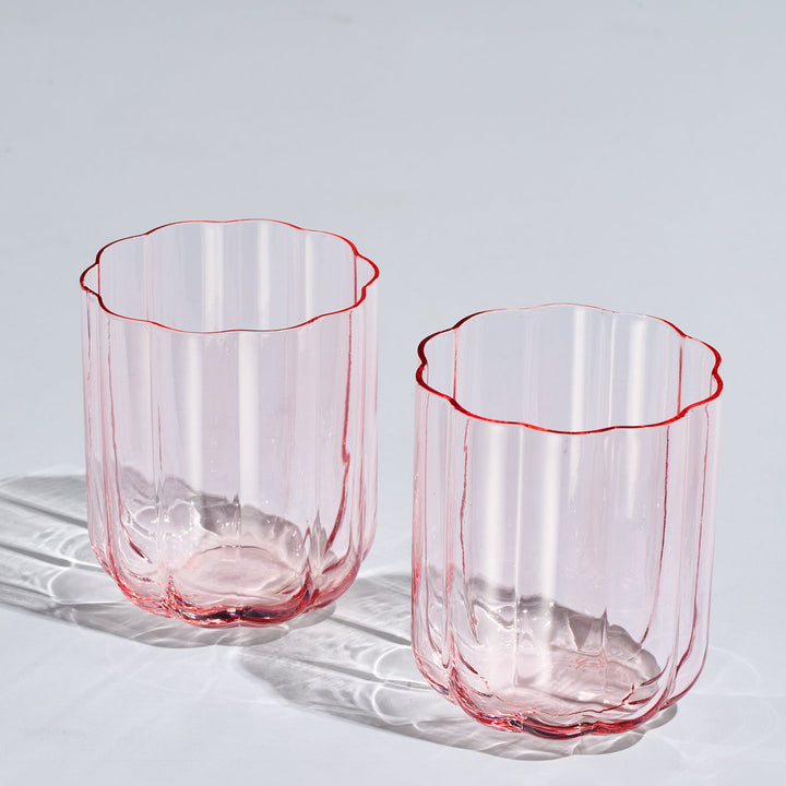 Flower Vintage Glass Stemless Highball - Set of 2-13 oz (Pink)