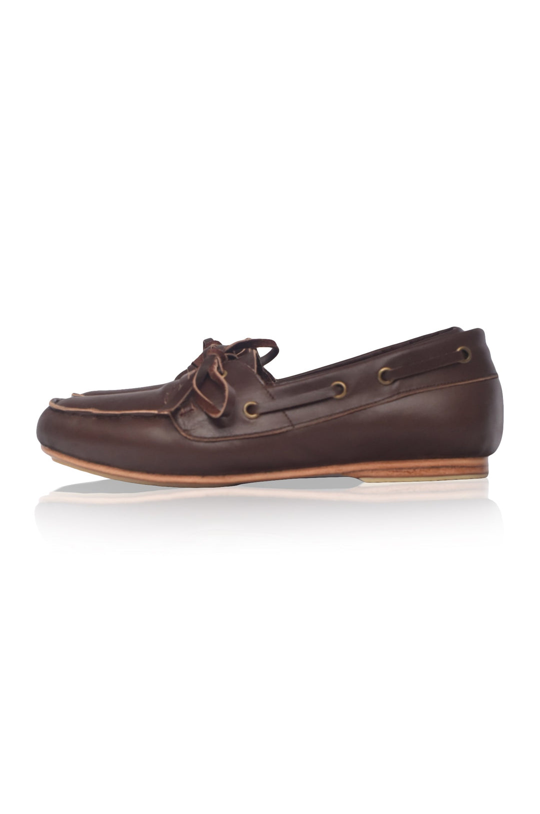 Brown leather boat shoe on a white background