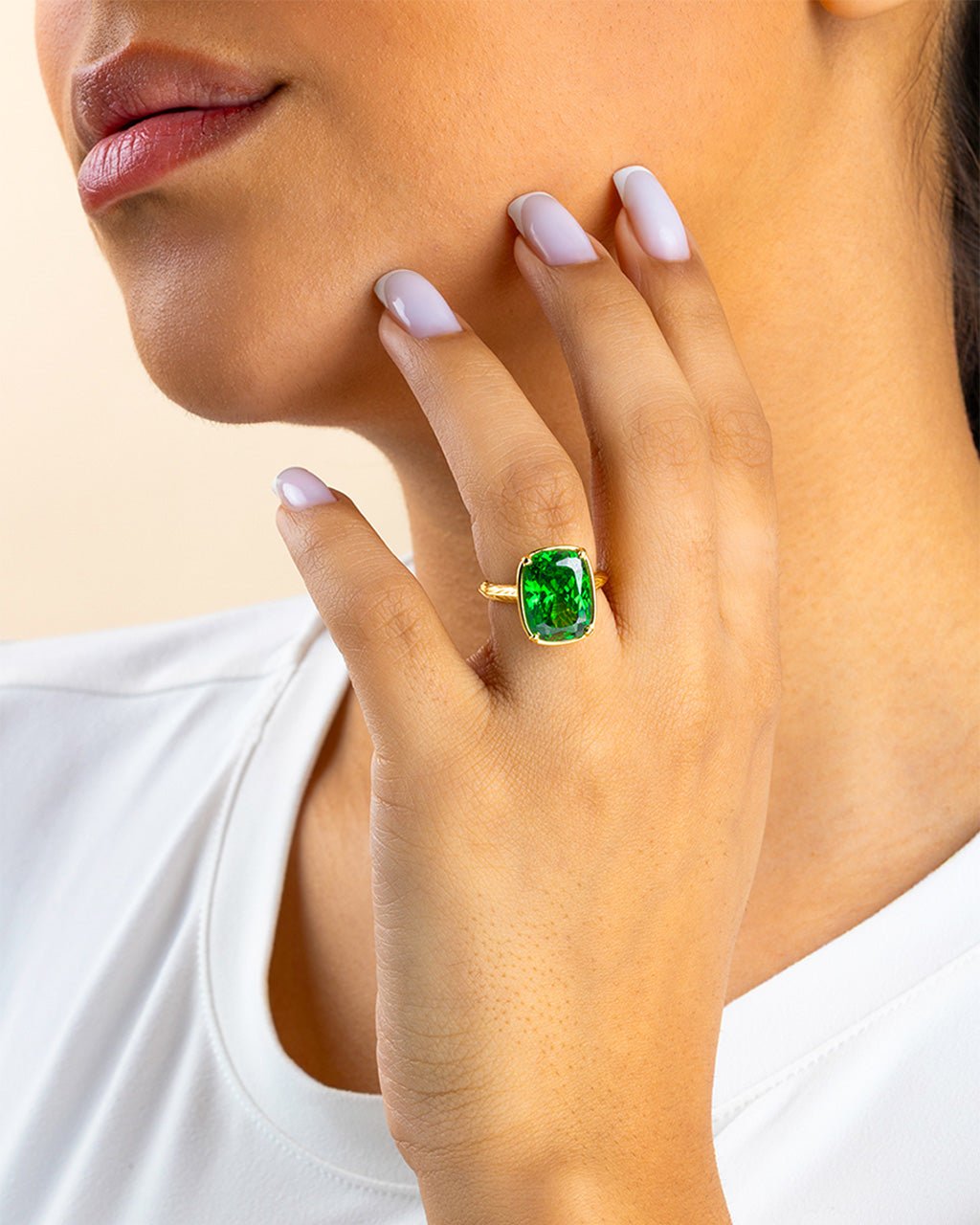 Emerald  Elongated Cushion CZ Cocktail Ring