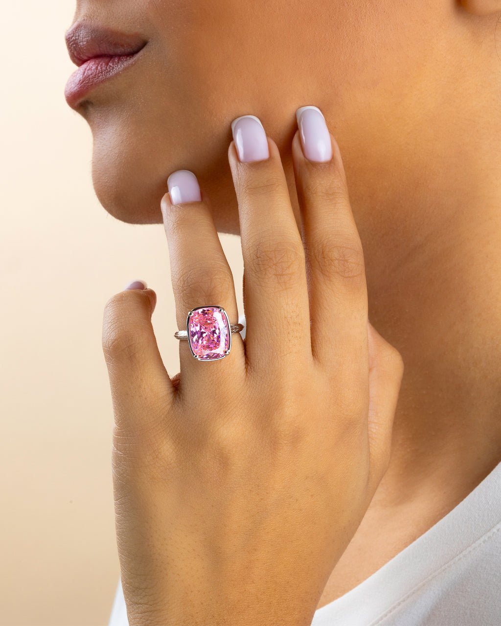 Pink Sapphire Elongated Cushion  CZ Cocktail Ring