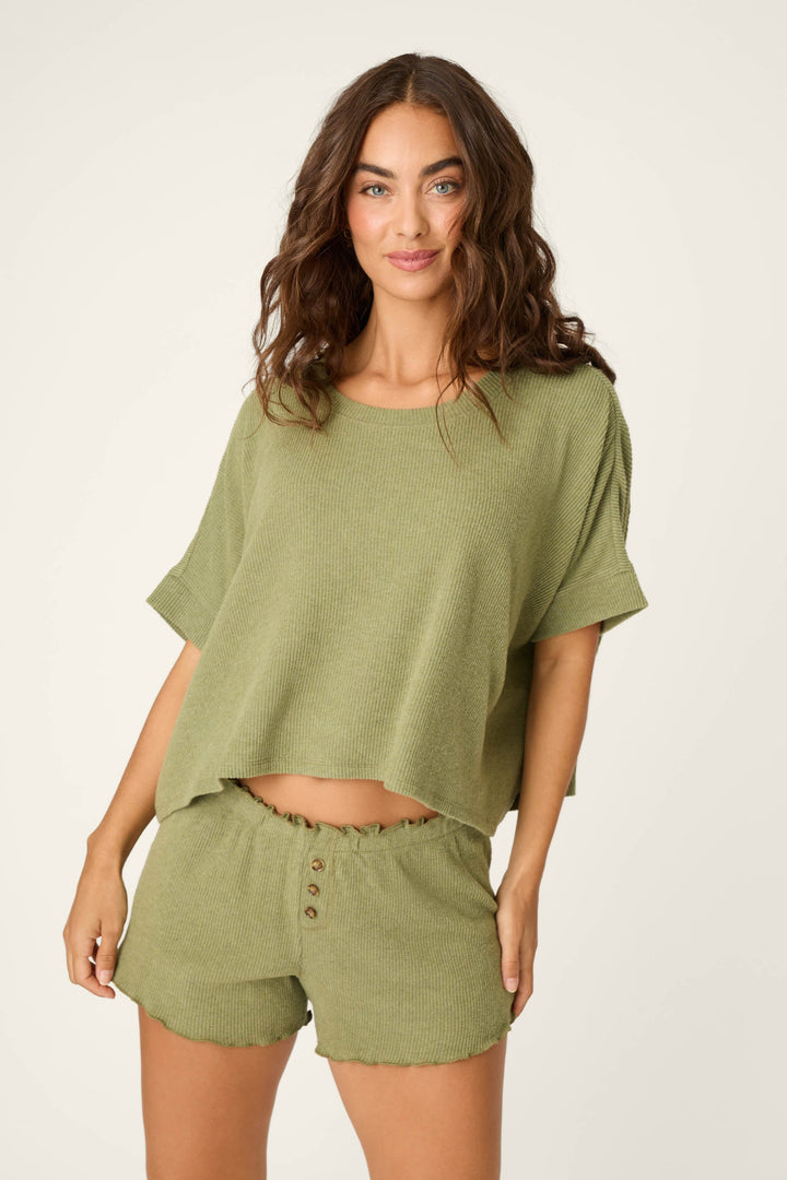Soft Olive Rib Knit Short Sleeve Lounge Top