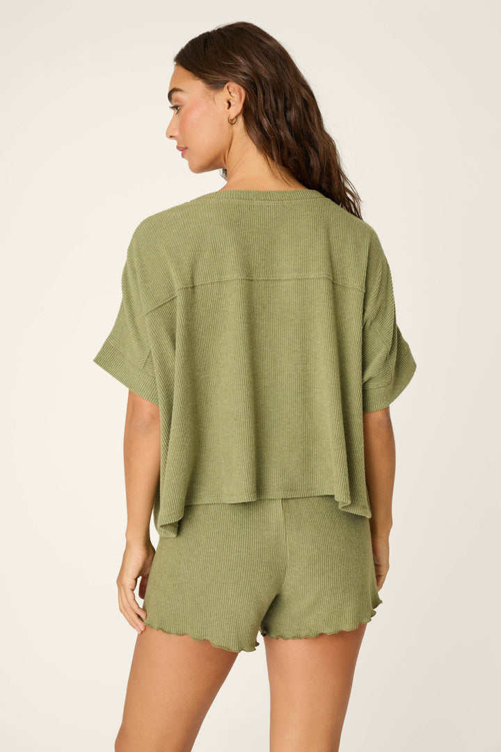 Soft Olive Rib Knit Short Sleeve Lounge Top