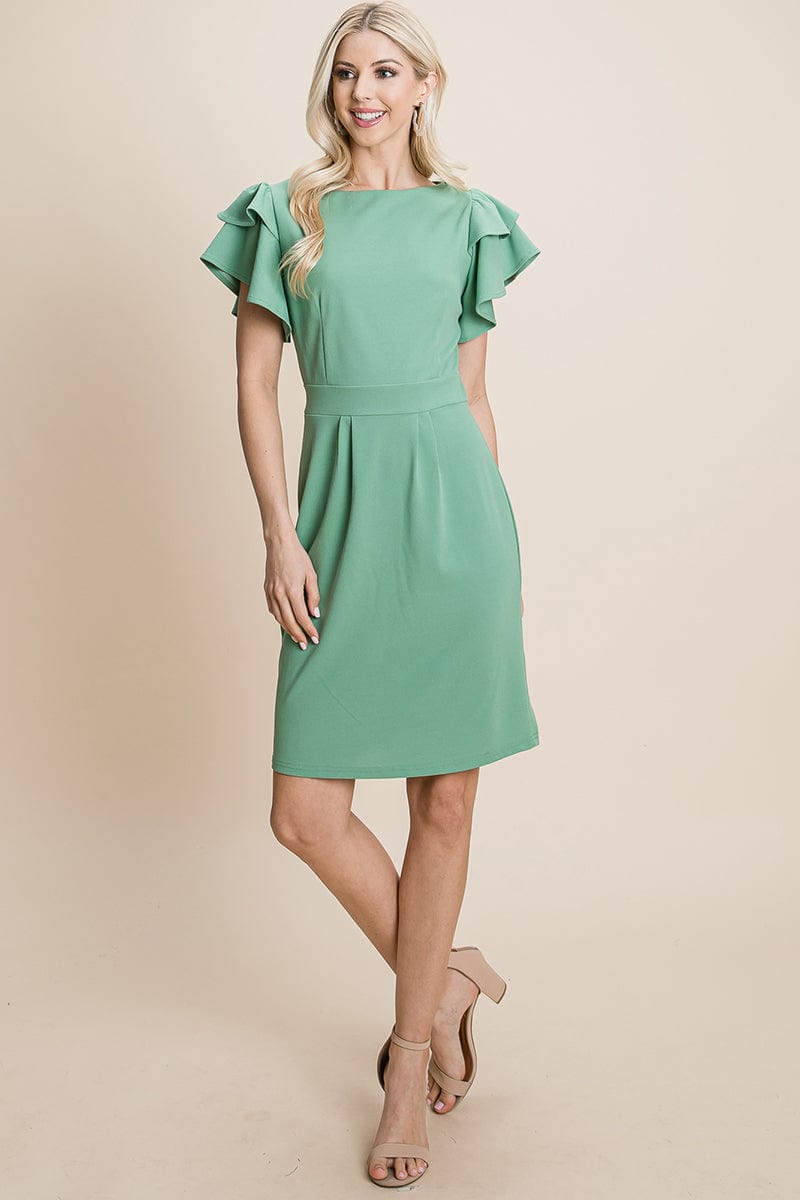 Casual Ruffle Sleeve Boat-Neck Sheath Bodycon Evening Party Cocktail Dress by RolyPoly Apparel