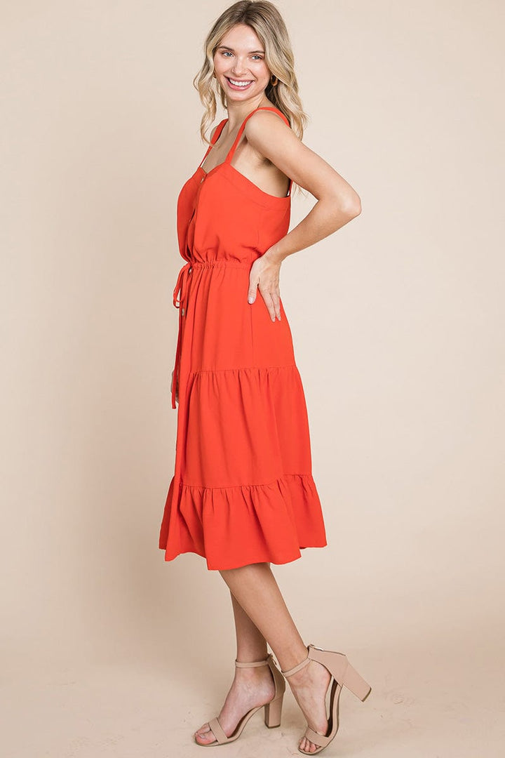 Tiered Square Neck Ruffled Button Midi Sundresses by RolyPoly Apparel