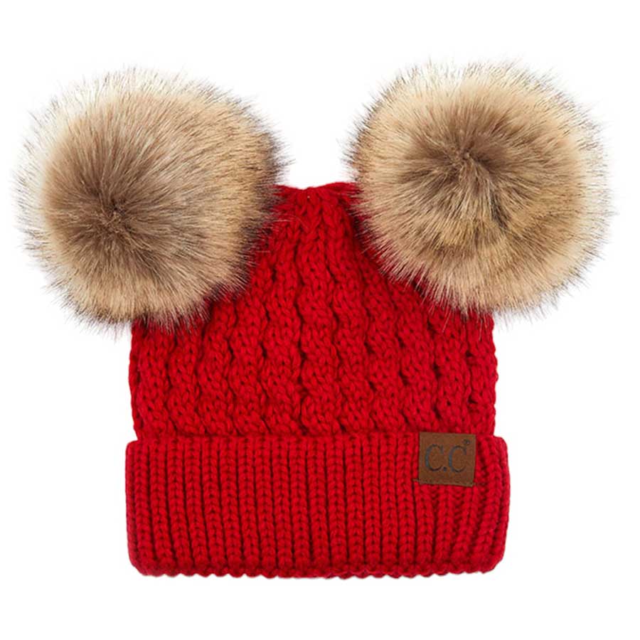 C.C Double Pom Pom All Over Cable Knit Beanie Hat by Madeline Love