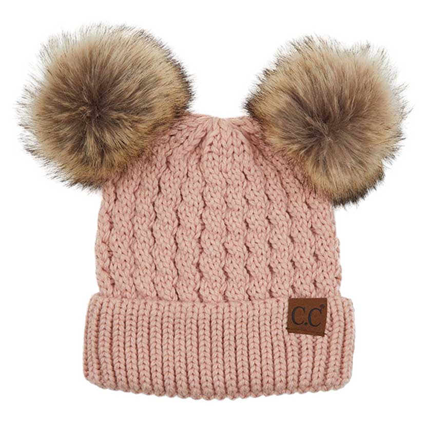 C.C Double Pom Pom All Over Cable Knit Beanie Hat by Madeline Love