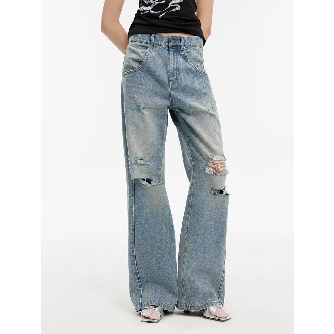 "Gray and Denim" stylish and personalized Turkish washed retro distressed holes straight flared jeans by Firelady Fur