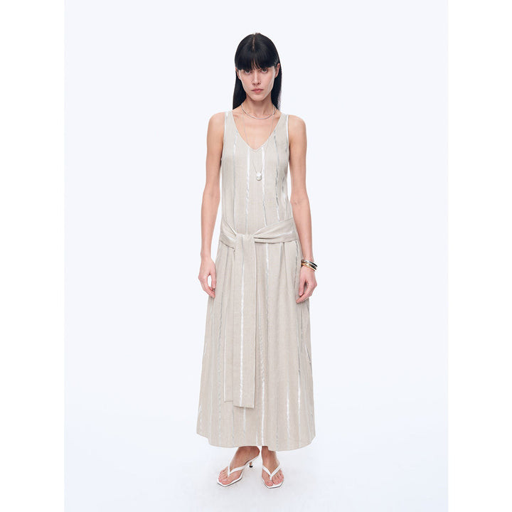 Silver Striped Linen V-Neck Drape Dress"Milan Holiday" by Firelady Fur