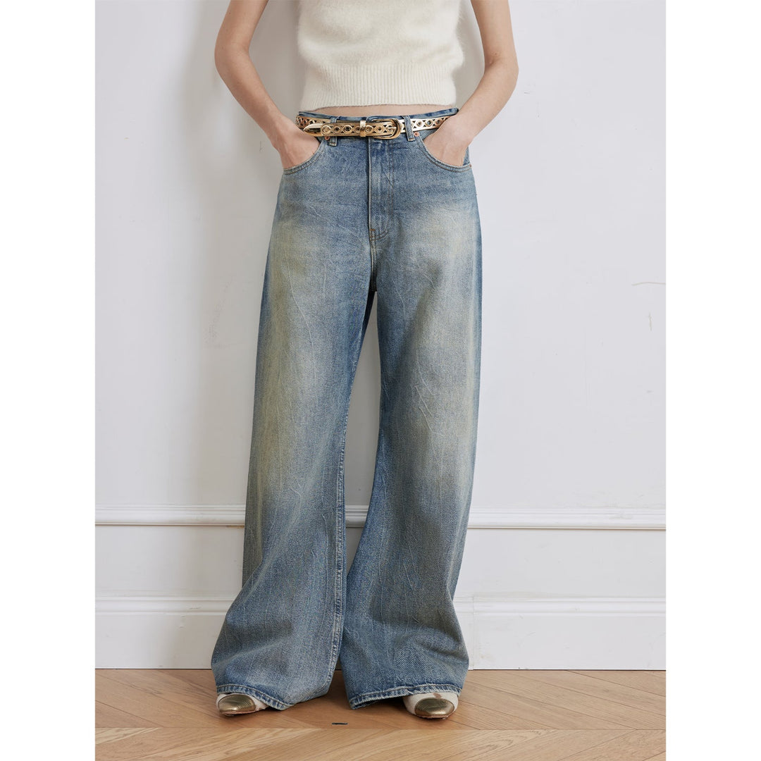 "Magic Dream" Retro Modern Washed Chicken Claw Wrinkled Jeans Women's Spacious Straight Wide Leg Pants by Firelady Fur