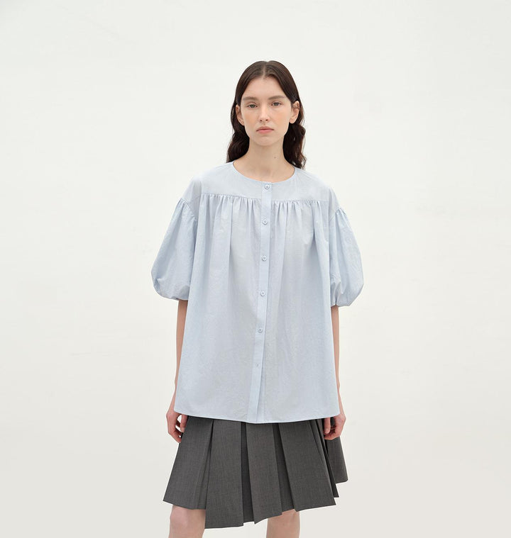 "Romantic Line Drawing" Pure Cotton Slightly Wrinkled Puff Sleeve Short Top for Women by Firelady Fur