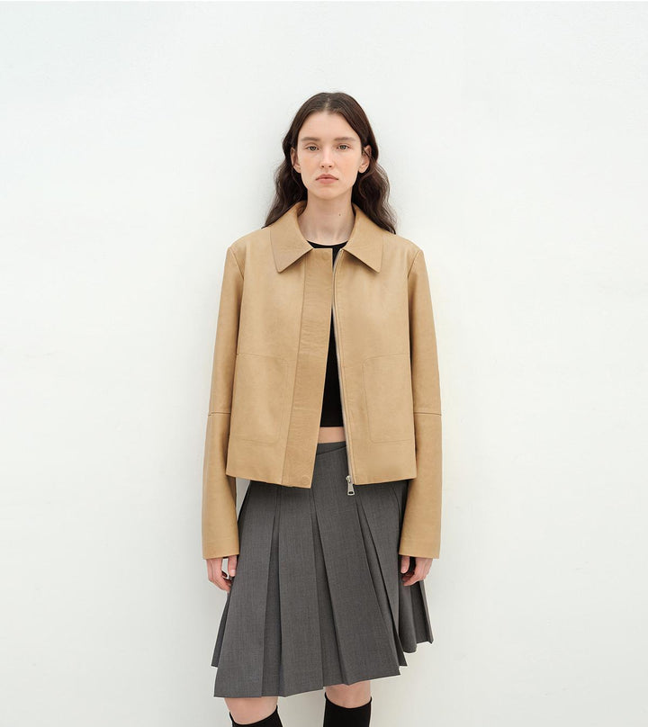 "Miss Sven" Lapel Two-tone Wax Sheepskin Short Jacket Leather Coat Women by Firelady Fur