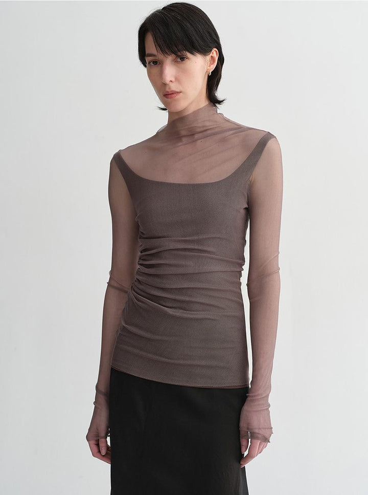 Double-layer transparent oblique collar pinched pleat half-high collar slim fit fake two-piece knitted T-shirt tops for women by Firelady Fur