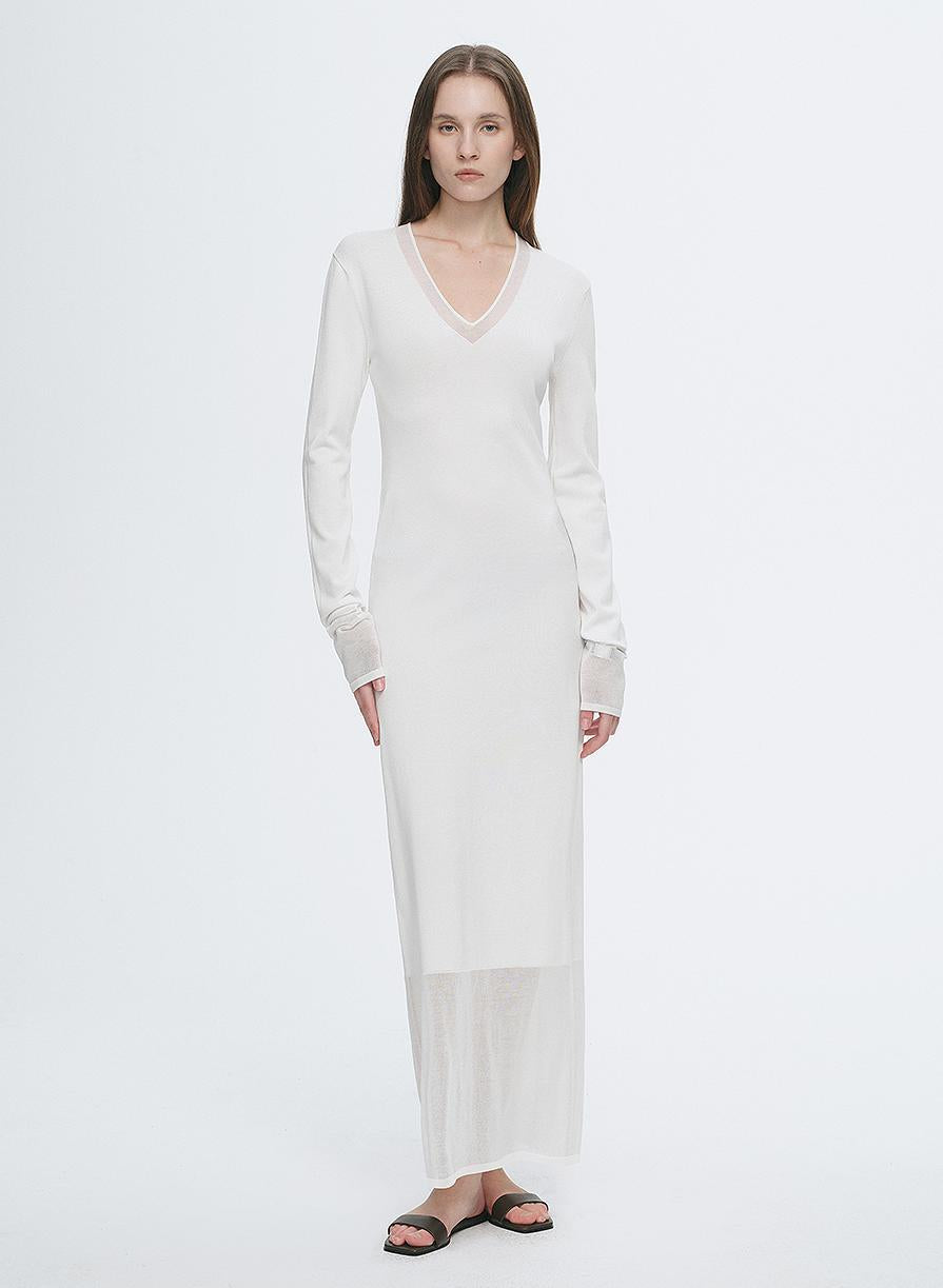 Elegant and intellectual triacetate Tencel blended skin-friendly transparent splicing design V-neck dress by Firelady Fur