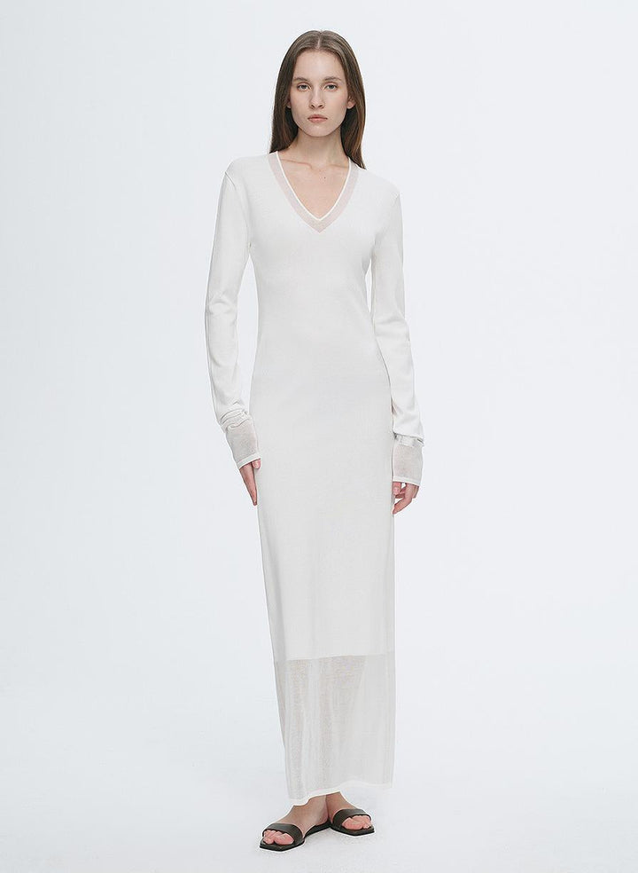 Elegant and intellectual triacetate Tencel blended skin-friendly transparent splicing design V-neck dress by Firelady Fur