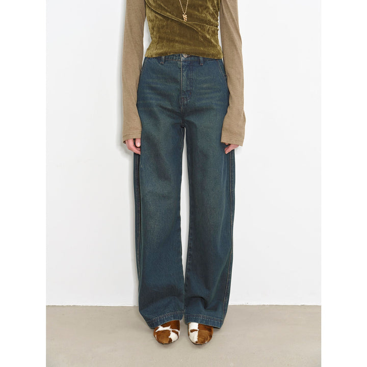 "Blue Island" heavy-duty distressed, slim and durable mid-rise curved knife cotton washed jeans by Firelady Fur