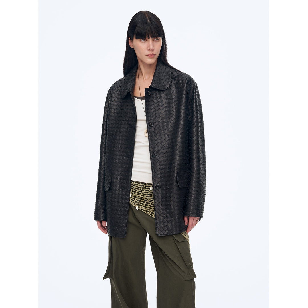 New Zealand imported lambskin perforated woven leather jacket spring"Rembrandt Night" by Firelady Fur