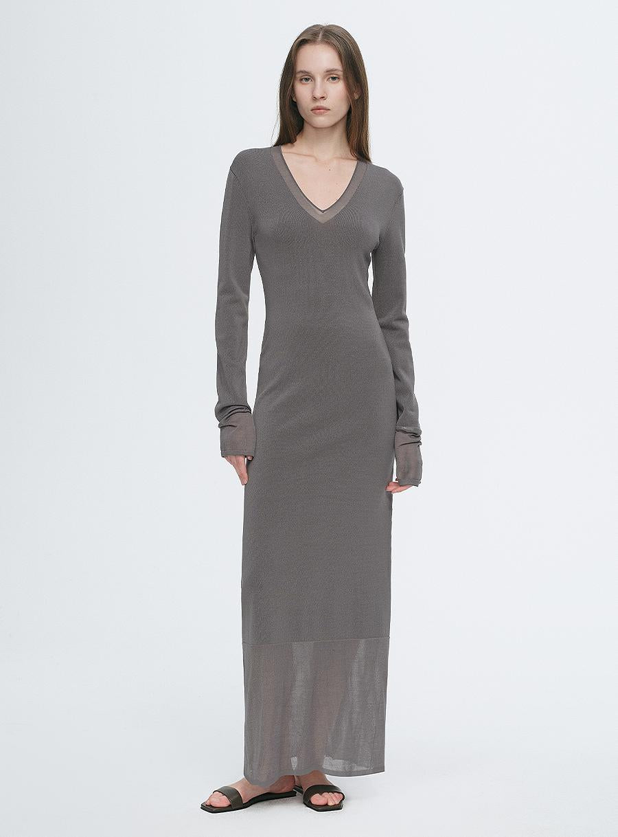 Elegant and intellectual triacetate Tencel blended skin-friendly transparent splicing design V-neck dress by Firelady Fur