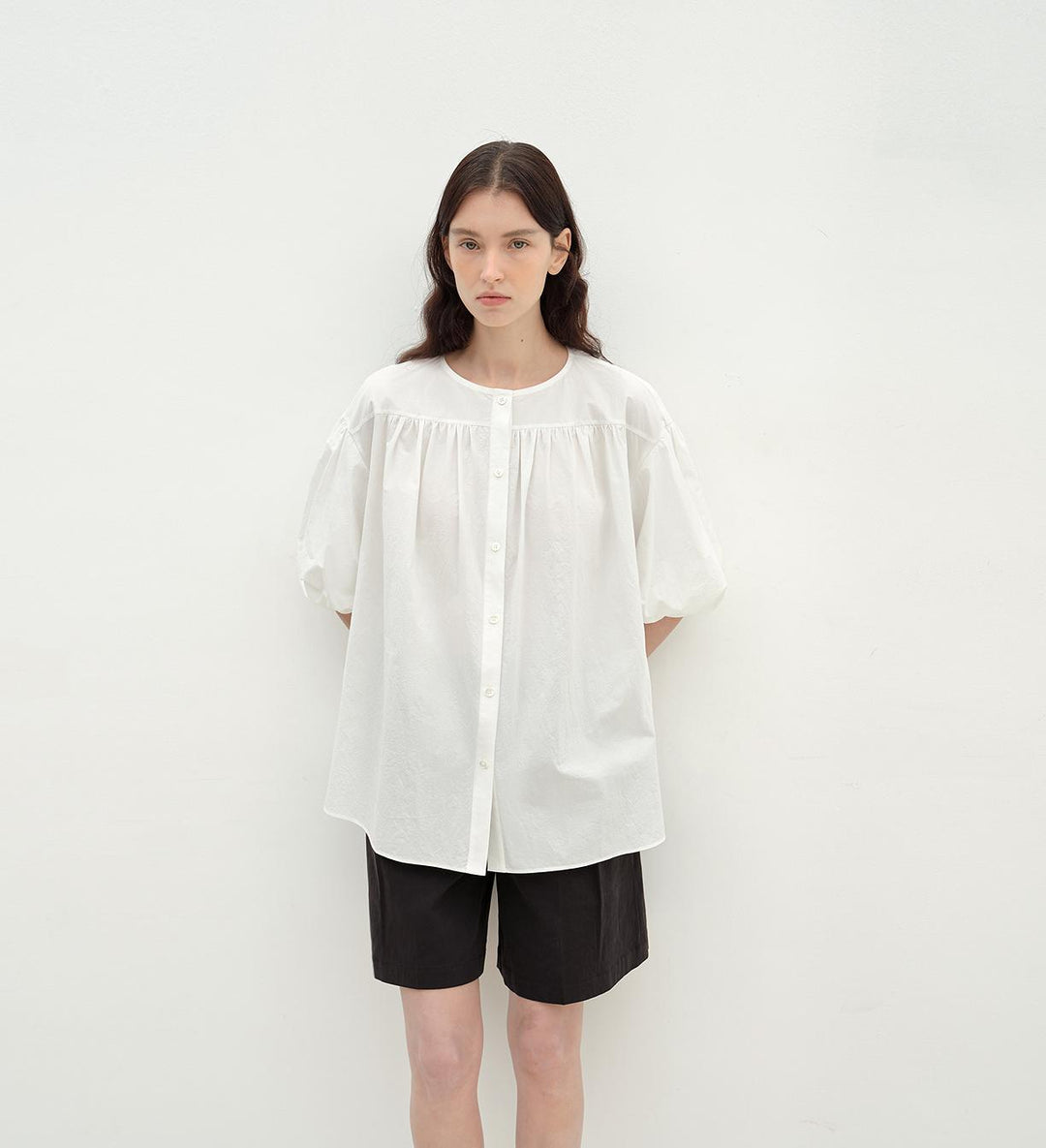 "Romantic Line Drawing" Pure Cotton Slightly Wrinkled Puff Sleeve Short Top for Women by Firelady Fur