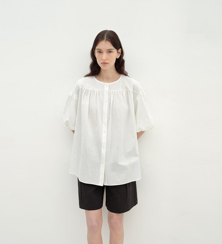 "Romantic Line Drawing" Pure Cotton Slightly Wrinkled Puff Sleeve Short Top for Women by Firelady Fur