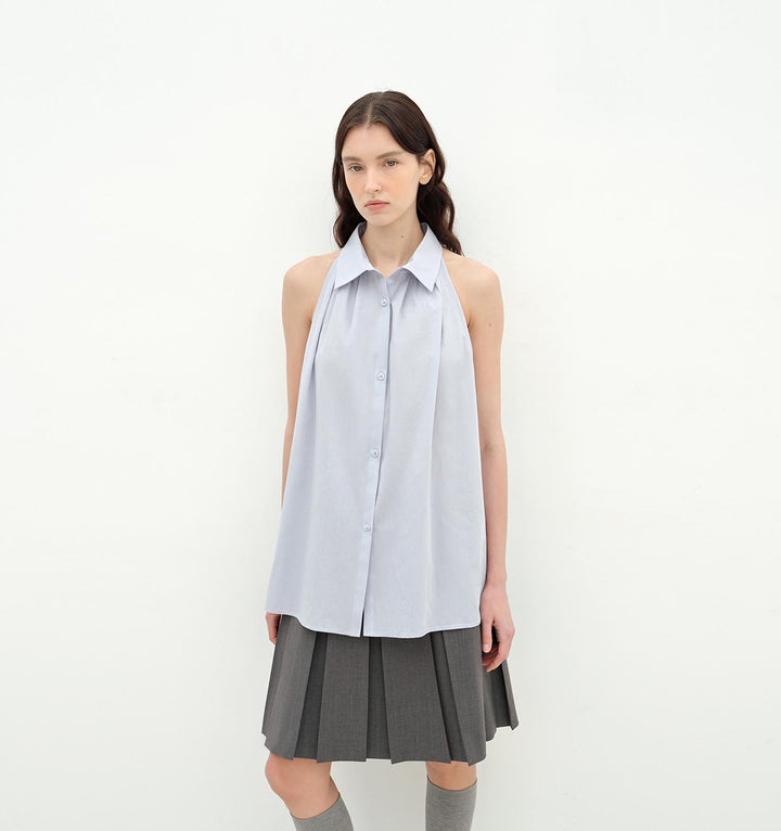 "Poland Island" imported pure cotton stand-up collar sleeveless striped shirt temperament top for women by Firelady Fur