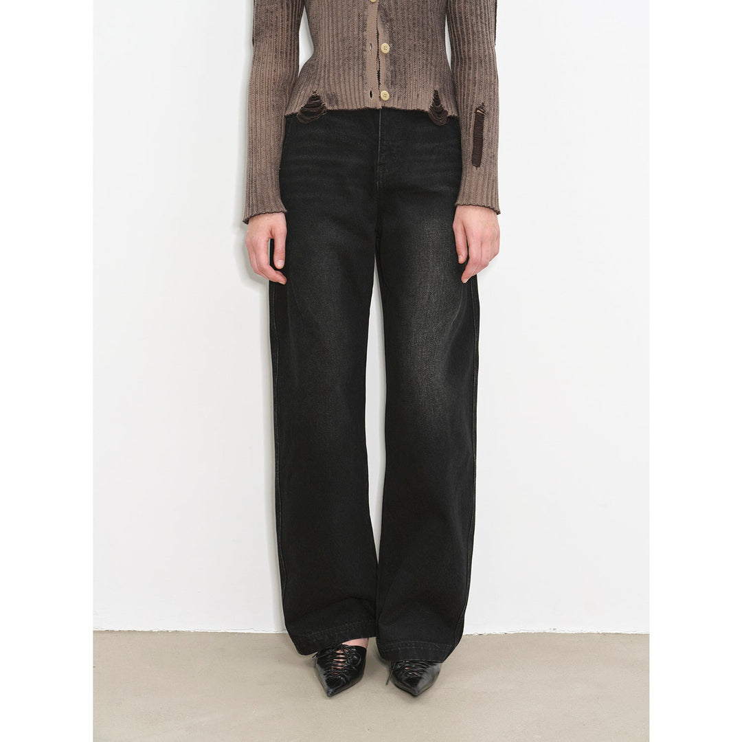 "Blue Island" heavy-duty distressed, slim and durable mid-rise curved knife cotton washed jeans by Firelady Fur