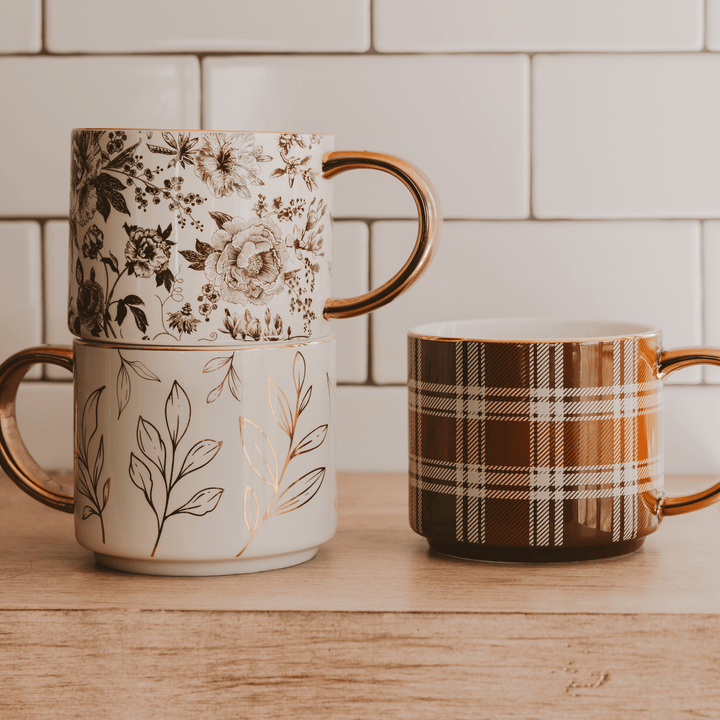Brown Plaid 14 oz Gold Handle Coffee Mug