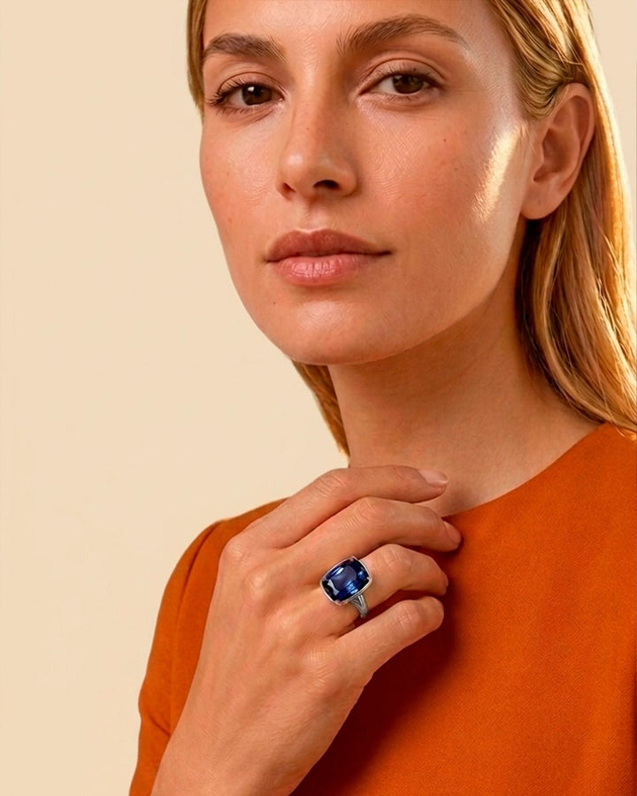 Sapphire Elongated Cushion CZ Cocktail Ring
