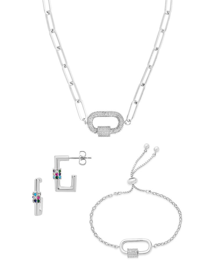 Carabiner Linked Lock Necklace Bundle - Pave CZ