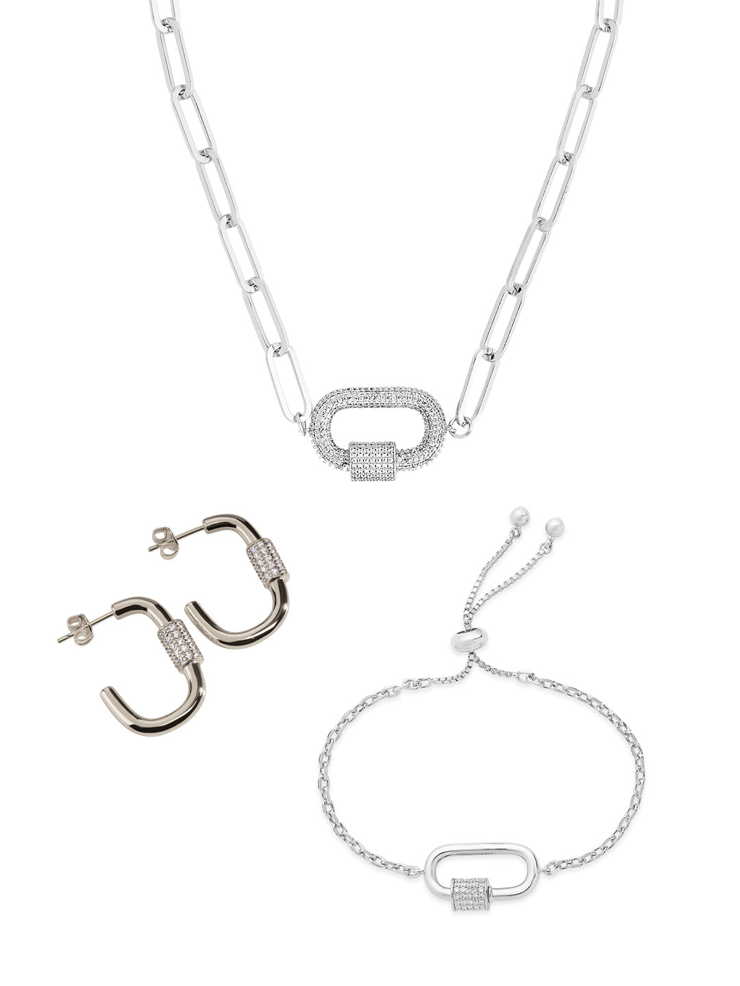 Carabiner Linked Lock Necklace Bundle - Pave CZ